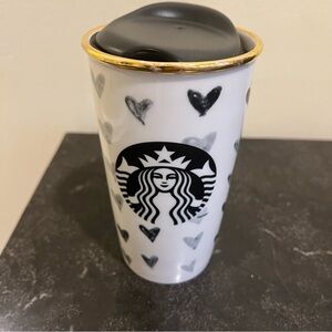 Starbucks Doodle Hearts Ceramic Coffee Tea Travel Mug Tumbler Lid 12oz Gold Rim